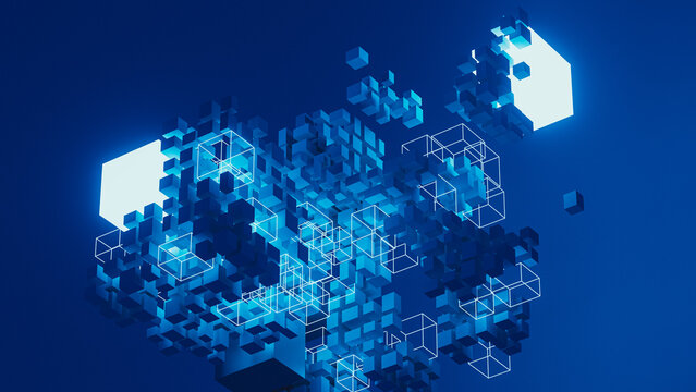 Cubes in a digital space with various shapes floating in blue