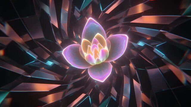 Glowing lotus flower floating inside a rotating metallic tunnel animation for immersive digital video motion background
