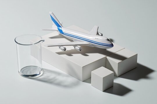 Airplane model with empty glass beaker and calendar blocks on white background