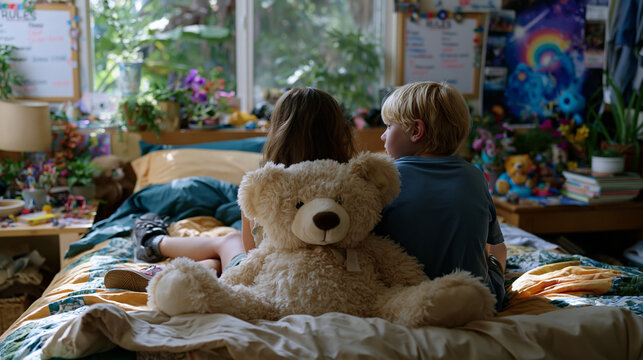 Two children sharing a single bedroom in a home with two different sets of framed rules on each side of the room, the visible demarcation of a divided household drawn in posters and personal objects