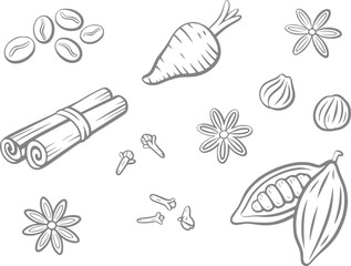 Obraz premium Hand-drawn collection of various spices and ingredients for cooking