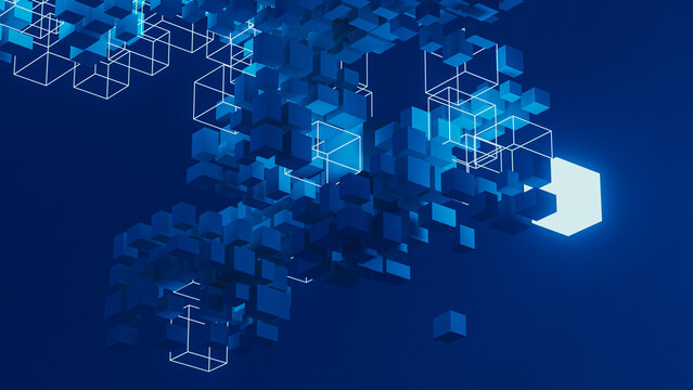 Cubes in a digital space with various shapes floating in blue