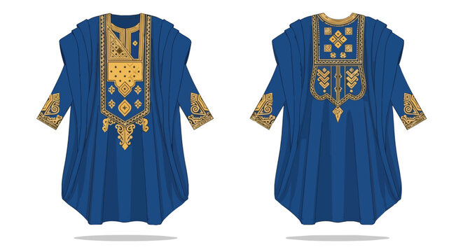 Traditional West African Royal Blue and Gold Agbada Robe with Intricate Embroidery Front and Back View