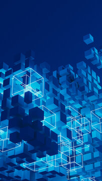 Cubes in a digital space with various shapes floating in blue