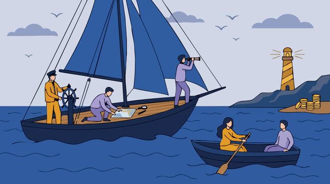 Explorers navigating by sea, searching for treasure island with a lighthouse