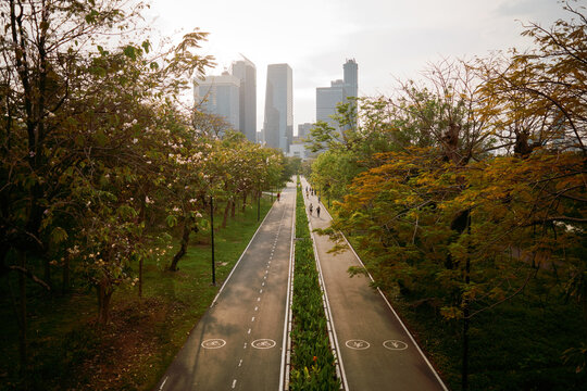 Urban Bangkok park with path and buildings in background
