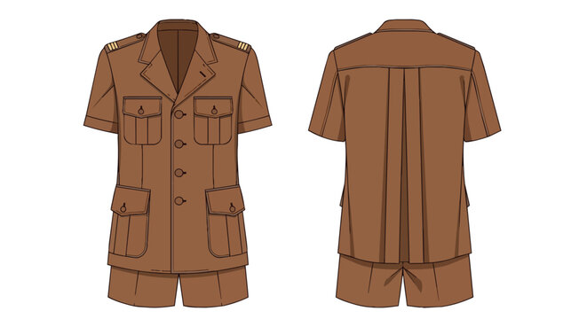 Professional Scout Leader Uniform Design with Pockets and Epaulettes Front and Back Views in Tan Brown