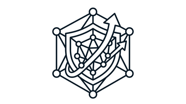 A minimalist line art vector icon depicts a shield with geometric patterns and arrows in a stylized, abstract illustration.