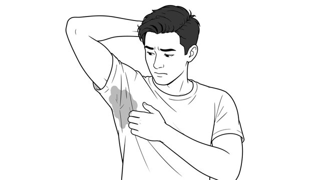 Person checking underarm area with raised arm for sweat or hygiene problem, clean line art vector illustration, simple outline