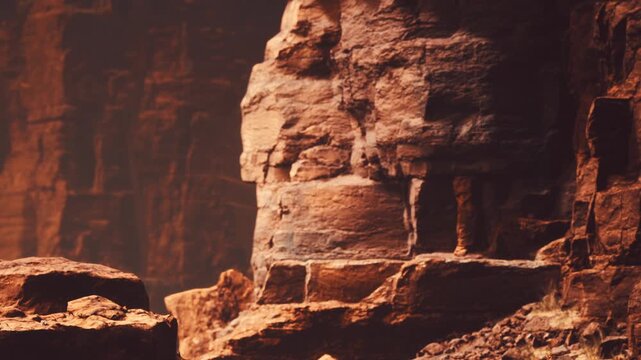 A canyon scene shows large rocks and cliffs illuminated by sunlight. The texture of the rocks reveals layers formed over time. Shadows play on the surfaces, creating contrast.