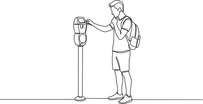 Continuous one line drawing of young man with backpack paying at street parking meter vector illustration