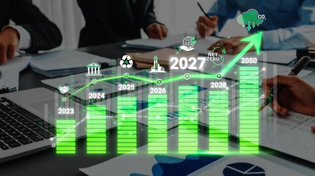 Business Meeting with Graphs Analyzing Sustainability Goals and Net Zero Targets for 2023 to 2050 with Visual Data Representations Sigmoid
