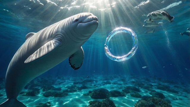 Playful beluga whale creating a perfect underwater bubble ring ai