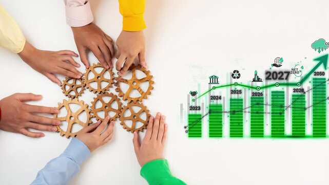 Hands Collaborating with Gears and Green Growth Chart Symbolizing Teamwork, Development, and Future Progress in Business and Sustainability Initiatives Sigmoid