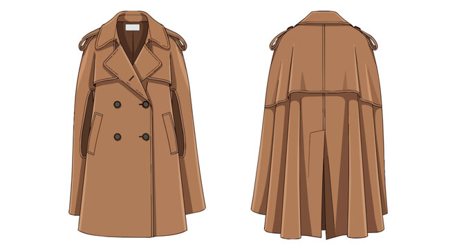 Elegant Camel Brown Poncho Style Trench Coat Design with Front and Back View Fashion Flat Sketch Drawing