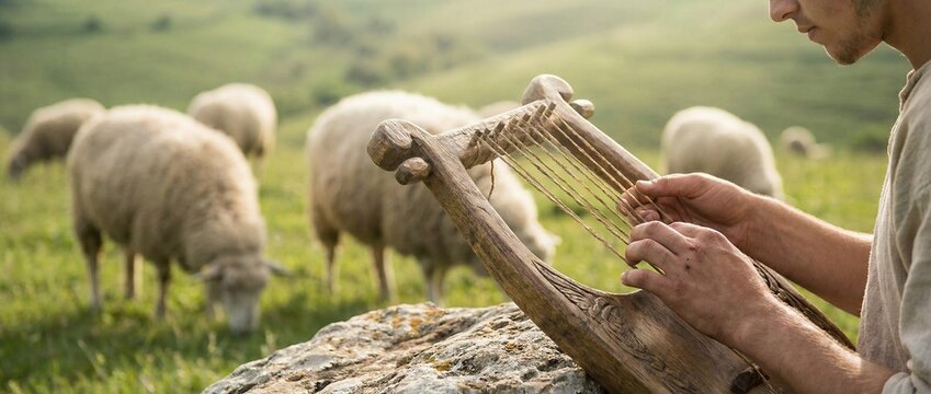 Close up of young shepherd David playing the ancient kinnor lyre among grazing sheep in green pastures