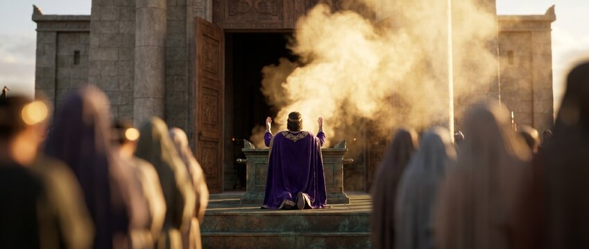 King Solomon kneeling in prayer at the dedication of the First Temple in Jerusalem, with the golden smoke of the Shekinah glory pouring from the open doors