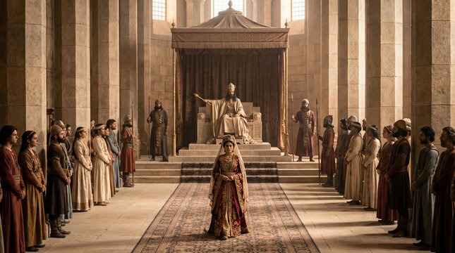 The biblical story of Queen Esther and King Ahasuerus extending the golden scepter in the Persian royal court, symmetrical wide shot