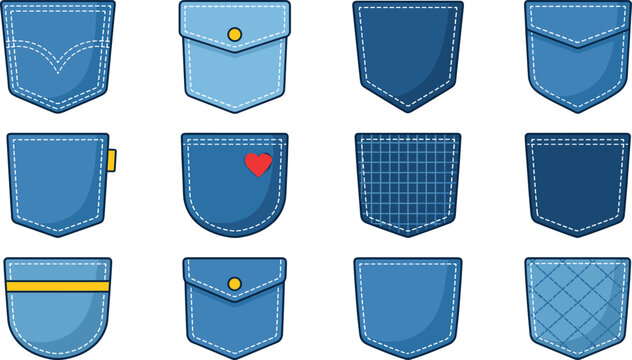 Blue denim jeans pocket collection with different stitched shapes patches textile fabric fashion elements flat vector line illustration