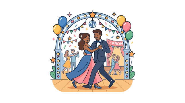 Happy couple dancing at prom under festive arch with balloons and disco ball
