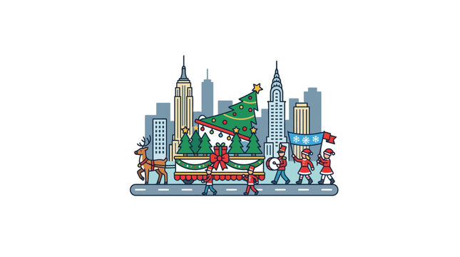 New York City Christmas Parade with Tree and Skyline, Holiday Celebration