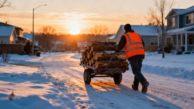Man pushing log cart in snowy street