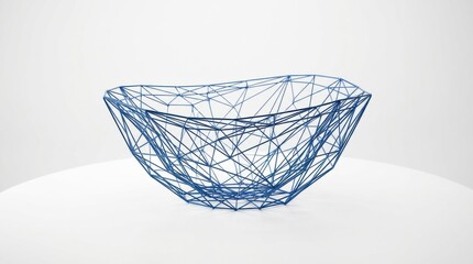 Obraz premium Blue wireframe bowl shape with abstract mesh round white background. Minimal geometric design modern lines art open sphere