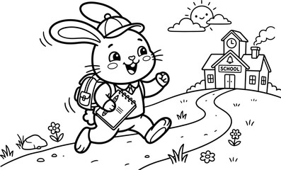Fototapeta premium Bunny rabbit with backpack going to school, happy, cute, educational.