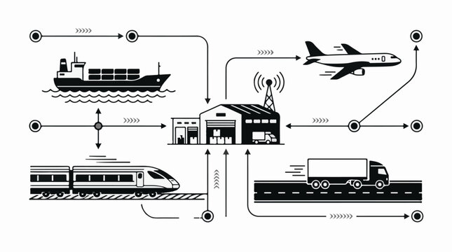 Logistics and transportation network diagram with ship, airplane, truck, train, and warehouse
