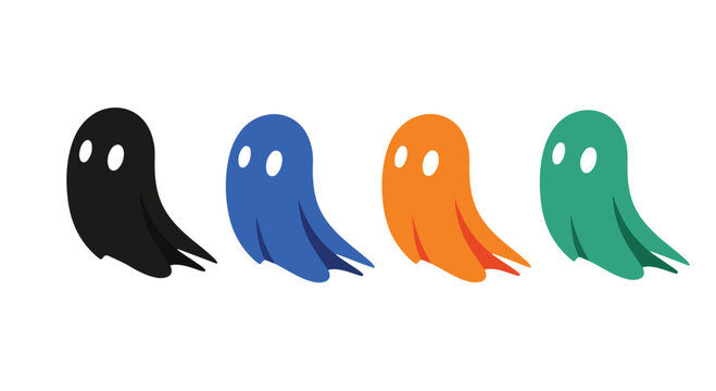 Colorful ghost characters in black, blue, orange, and green on white background