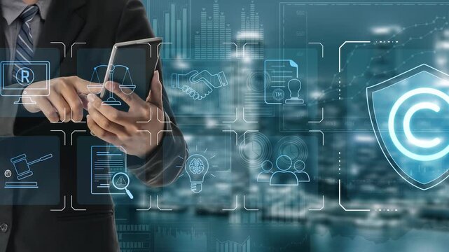Digital copyright protection system showing secure ownership, intellectual property rights, content verification, and legal warning icons for creators and publishers Marrow