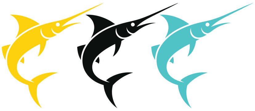 Marlin fish icon collection featuring three sport fish swimming in opposing directions with sleek oceanic design.