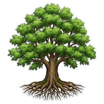 Green tree with strong roots in soil