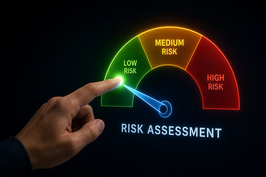 A person touching a digital risk assessment gauge screen showing a green low risk level with glowing colorful light effects on a dark background
