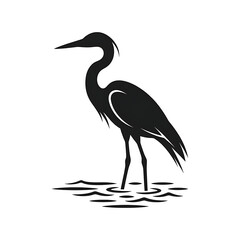 Obraz premium Silhouette of a heron standing in water on white background