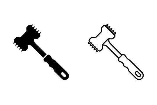 Meat tenderizer tool icon, silhouette and outline versions for culinary use