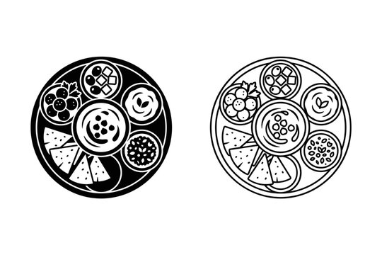Stylized illustration of a round platter with various dips and snacks
