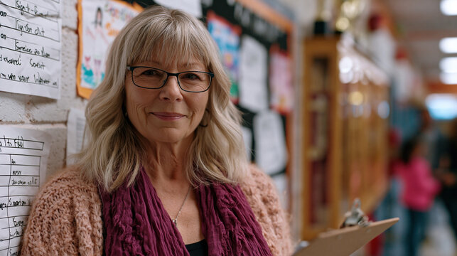 PTA mother stands at the front of a school hallway holding a clipboard, greeting arriving families on a Tuesday morning, surrounded by handmade posters and sign-up sheets taped to painted cinder blo