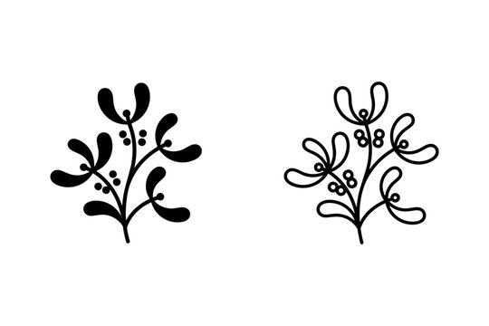 Stylized mistletoe sprigs with berries, presented in solid and outline versions