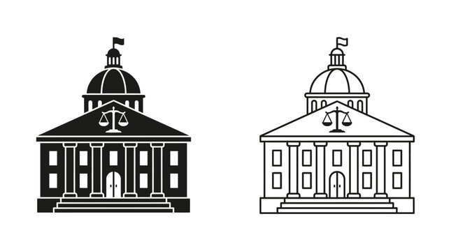 Courthouse Silhouette With Scales Of Justice Black And White Vector