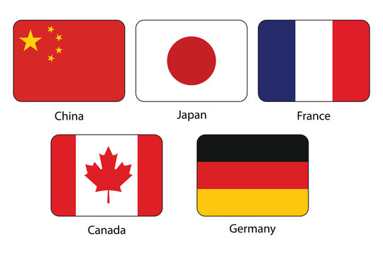 Five world flags icon set. China, Japan, France, Canada, Germany national symbols. Flat vector collection isolated on white.

