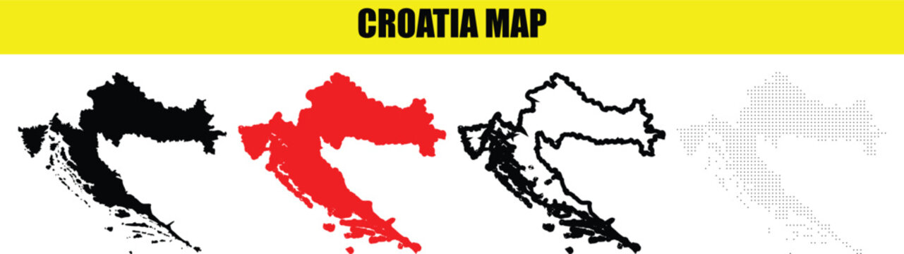 Croatia map set featuring solid black, red, outline, and dotted grid variations for geographic cartography and educational projects