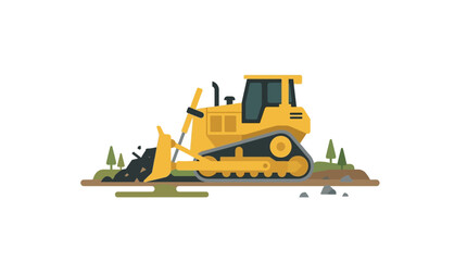 Yellow bulldozer pushing dirt on construction site, flat design, isolated on white © ghina