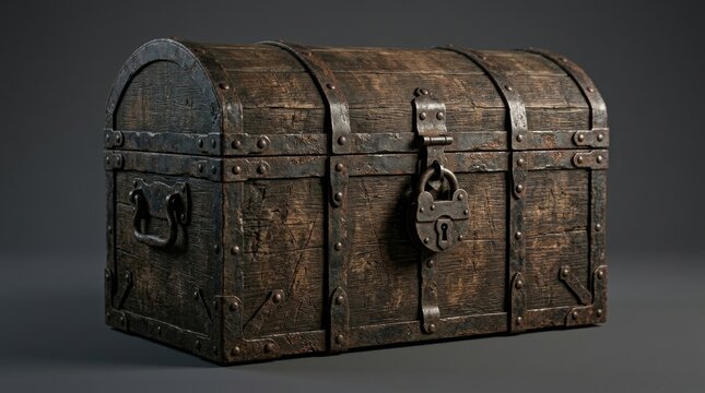 Closed wooden treasure chest vintage box pirate storage antique isolated. Metal old container loot retro brown lock adventure