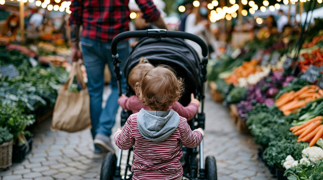 Stay-at-home father pushing a stroller through a farmers market while balancing a reusable bag of produce on one arm and answering a toddler's pointing questions about every vegetable stall, the cro