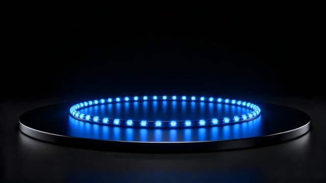 Circular blue LED light on dark platform