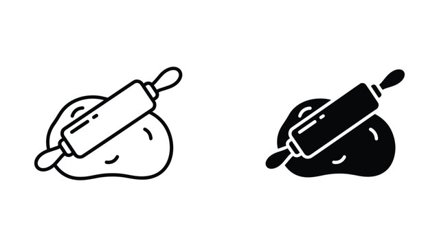 Rolling pin flattening dough on flat surface minimalist vector icon set for bakery branding assets