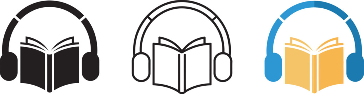 reading icon set with audiobook headphones and open book symbols in monochrome, outline and colorful flat vector designs