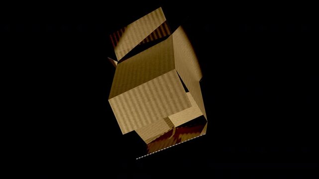 30 sec duration version open motion graphic animation of a 3D folding cardboard box isolated created by 3D render ProRes 4444 10bit Alpha with dynamic camera angle.