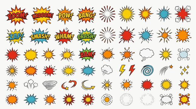 A collection of comic book sound effect words and graphic elements for the concept of graphic design and creativity.